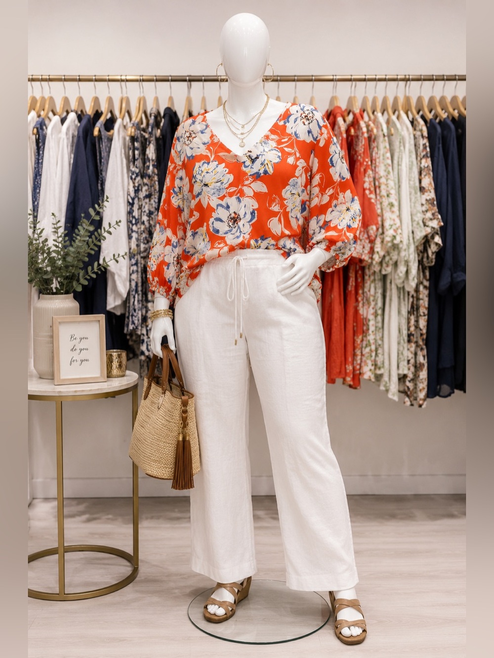 Floral V-Neck Long Sleeve Top in Bright Orange